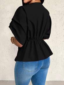 Eryvara Asymmetrical V-Neck Loose Women Blouse - Black - View 2
