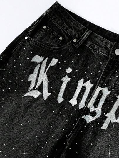 Pantalones cortos de mezclilla con bordado de letras y diamantes brillantes, de moda para hombres, de verano