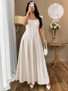 SHEIN Clasi Plus Size Women Elegant Apricot Cap Sleeve Pearl Button Long Dress - Apricot - View 1