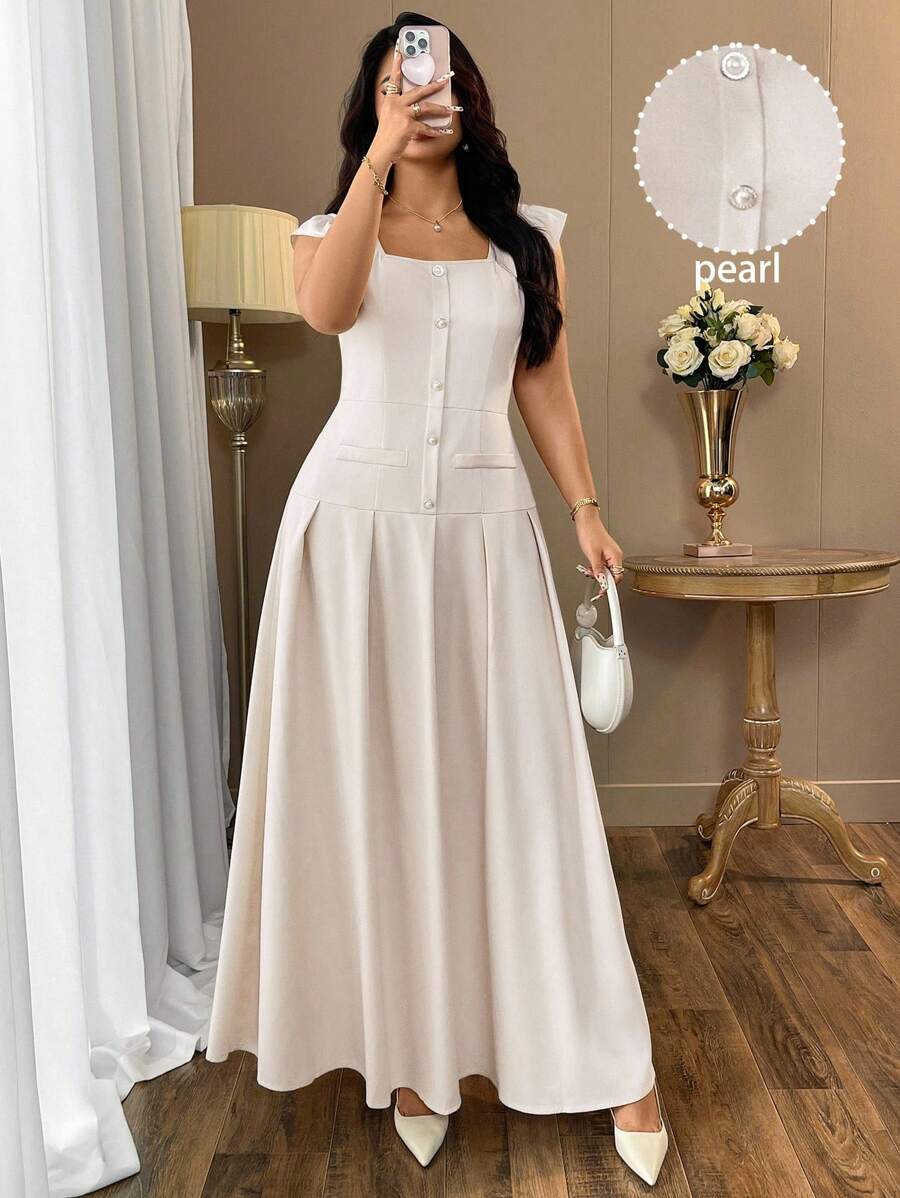 SHEIN Clasi Plus Size Women Elegant Apricot Cap Sleeve Pearl Button Long Dress - Apricot - View 1