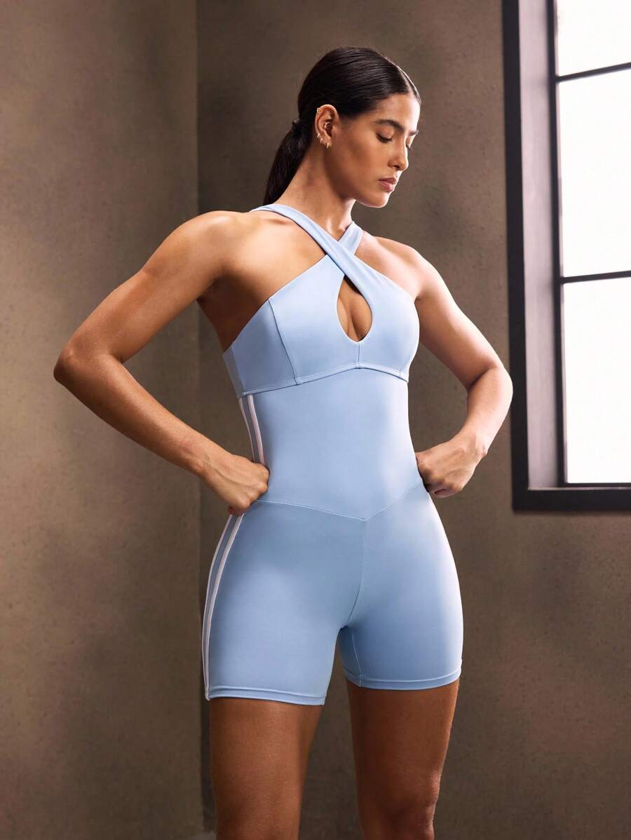 Powerista 女式侧条纹交叉挂脖运动连体衣 - 藍色 - 查看 1