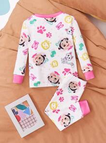 CoComelon X SHEIN Baby Girl Cartoon Figure Graphic Contrast Trim Long Sleeve Top And Pants Homewear Set - Pink - View 2