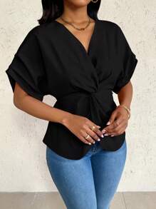 Eryvara Asymmetrical V-Neck Loose Women Blouse - Black - View 4