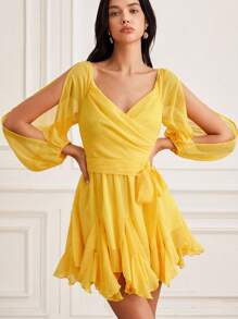 Aveloria 女式雪纺夸张不对称下摆镂空性感长袖连衣裙 - 黃色 - 查看 7