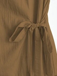 Linhara 女式纯色梭织三粒扣泡泡袖前系带短款上衣，收腰，短袖，夏季 - 棕色 - 查看 4