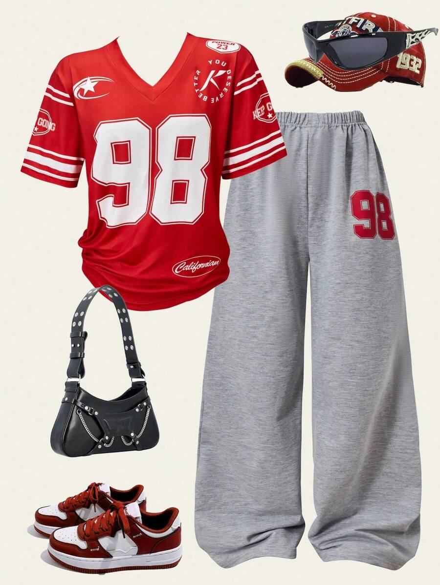 2 件套青少年女孩休闲数字印花 V 领短袖上衣和阔腿长裤套装，街头服饰