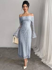 Modelyn Đầm midi trễ vai tay dài thanh lịch sang trọng gợi cảm cho nữ - Màu xanh nhạt - Xem 2