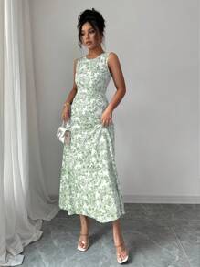 Selianne 优雅法式花卉印花修身无袖连衣裙，夏季 - 綠色 - 查看 5