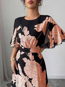 Modelyn Vestido maxi de chifón con volantes, manga acampanada, cuello redondo, ajustado y fluido para mujer, elegante para primavera/verano