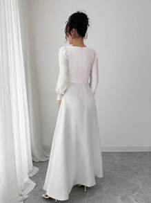 Elenzga Vestido plisado de parches de unicolor elegante talla grande - Blanco - Ver 2