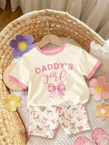 SHEIN Cream Color, Cute Bow Print "Daddy's Girl" Baby Girl Casual Round Neck Loose Short Sleeve T-Shirt And Shorts Set, Summer Outfits , Easy Comfort, Autumn Layers For Kids, Stylish Kids, Casual Wear, Kids Graphic Clothes, Back To School, Fall Clothes Baby Girl Summer Pajama Baby Girl Short Pants Sets Baby Girl Clothes Daddys Girl Outfit Infant Girl Summer Outfit