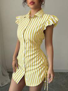 Selianne Váy sơ mi tay lỡ thắt eo kẻ sọc thanh lịch cho kỳ nghỉ - Màu vàng - Xem 5