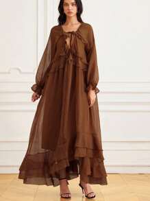 Aveloria Rosie Váy dài tay voan xếp nếp thanh lịch, viền xếp nếp nhiều lớp, phong cách Châu Âu tinh tế, váy xòe bồng bềnh như công chúa, váy chiffon thoải mái, phong cách nữ thần bãi biển - màu nâu - Xem 7