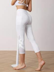 Menodora SHEIN Sport Women's Solid High Waist Hollow Out Design With Pocket Sports Leggings - White - View 2