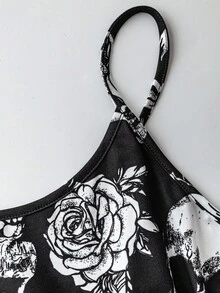 EMERY ROSE 加大码纯色长袖上衣和骷髅花卉印花吊带连衣裙两件套 - 黑色 - 查看 8