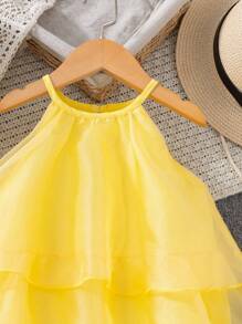 SHEIN 年轻女孩节日华丽派对宴会多层吊带背心连衣裙，节日，夏季，旅行 - 黃色 - 查看 4