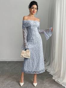 Modelyn Đầm midi trễ vai tay dài thanh lịch sang trọng gợi cảm cho nữ - Màu xanh nhạt - Xem 5