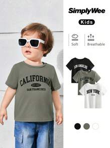 SHEIN 3件套男婴字母图案针织柔软圆领短袖套头衫套装