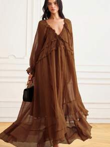 Aveloria Rosie Váy dài tay voan xếp nếp thanh lịch, viền xếp nếp nhiều lớp, phong cách Châu Âu tinh tế, váy xòe bồng bềnh như công chúa, váy chiffon thoải mái, phong cách nữ thần bãi biển - màu nâu - Xem 1