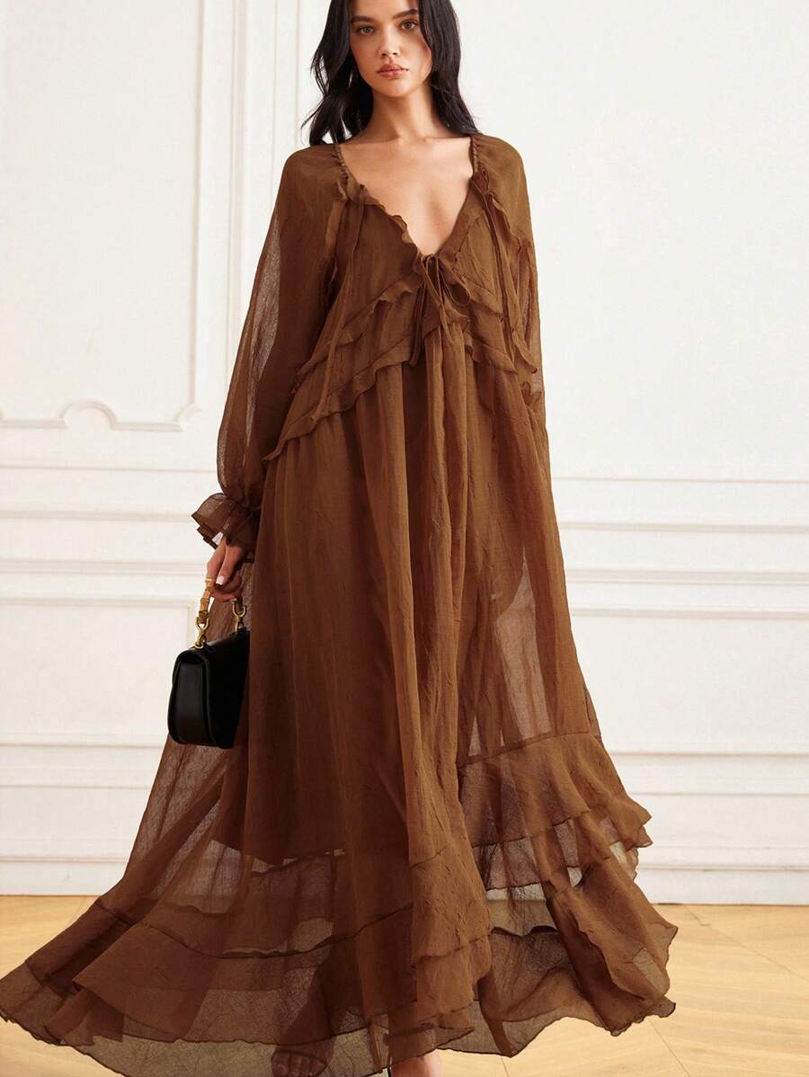 Aveloria Rosie Váy dài tay voan xếp nếp thanh lịch, viền xếp nếp nhiều lớp, phong cách Châu Âu tinh tế, váy xòe bồng bềnh như công chúa, váy chiffon thoải mái, phong cách nữ thần bãi biển - màu nâu - Xem 1