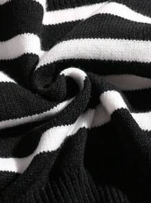 Tween Girl Classic Black & White Striped High Waist Metal Button All-Match Versatile Cardigan, Autumn/Winter - Black - View 5