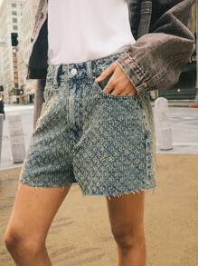 Easelle 女士休闲西部游牧复古水洗牛仔破洞短裤牛仔女装夏季 7 月 4 日破洞牛仔裤，外出，街头服饰 - 藍色 - 查看 5