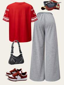 2 件套青少年女孩休闲数字印花 V 领短袖上衣和阔腿长裤套装，街头服饰