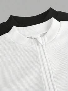 Filles préadolescentes 2 pièces/paquet T-shirt casual à col montant en tricot noir et blanc avec fermeture éclair avant, achetez-en 1 et obtenez-en 1 gratuitement, pour la rentrée scolaire, pour un port quotidien casual, hauts courts à manches longues pour préadolescentes, 2 paquets de hauts courts pour préadolescentes, Top court à manches longues pour filles, 2 paquets de hauts courts zippés pour filles, paquets de hauts courts, hauts serrés, hauts côtelés pour filles, 2 paquets de hauts serrés pour filles, hauts pour filles, hauts automne hiver