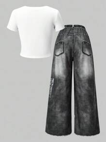 Sparklyn 少女星星印花圆领 T 恤和仿牛仔印花阔腿裤两件套，夏季休闲时尚服装，演唱会服装 - 白色 - 查看 2