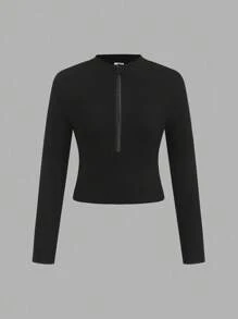 Filles préadolescentes 2 pièces/paquet T-shirt casual à col montant en tricot noir et blanc avec fermeture éclair avant, achetez-en 1 et obtenez-en 1 gratuitement, pour la rentrée scolaire, pour un port quotidien casual, hauts courts à manches longues pour préadolescentes, 2 paquets de hauts courts pour préadolescentes, Top court à manches longues pour filles, 2 paquets de hauts courts zippés pour filles, paquets de hauts courts, hauts serrés, hauts côtelés pour filles, 2 paquets de hauts serrés pour filles, hauts pour filles, hauts automne hiver