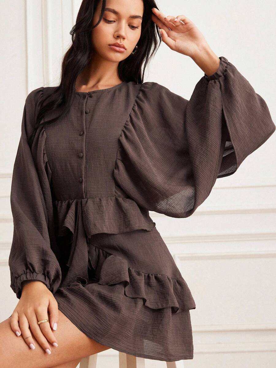EMERY ROSE Women's Elegant Coffee Brown Autumn Loose Fit Round Neck Lantern Sleeve Layered Ruffle Hem Casual Dress For Tea Party,Fall Long Sleeve Cloth - Coffee Brown - View 1