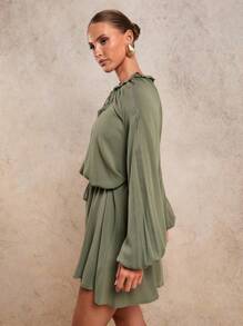 COSMINA Robe décontractée automne pour femmes, robe ajustée à manches lanternes et taille, robe verte sauge à nœud devant, robe à manches longues - Militaire verte - Voir 6