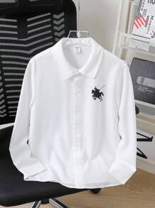 SHEIN 青少年男孩休闲日常百搭舒适印花翻领宽松长袖梭织纯色衬衫 - 白色 - 查看 4