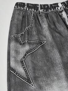 Sparklyn 少女星星印花圆领 T 恤和仿牛仔印花阔腿裤两件套，夏季休闲时尚服装，演唱会服装 - 白色 - 查看 4