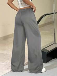 SHEIN EZwear Plus Size Women's Solid Color Self-Tie Waist Straight Leg Casual Pants