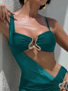 Swim SXY 3pcs Women's Retro Solid Black Asymmetric Swimsuit Set, Halter Top Swimsuit With Metal Embellishment And Beach Cover Up Dress, Sexy Beachwear For Summer Beach Vacation - Teal Blue - View 4