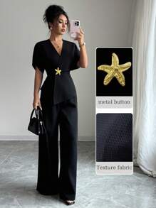 Modelyn 2 件女式华夫格针织黑色海星纽扣前短袖修身套装 - 黑色 - 查看 3