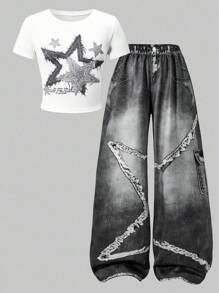 Sparklyn 少女星星印花圆领 T 恤和仿牛仔印花阔腿裤两件套，夏季休闲时尚服装，演唱会服装 - 白色 - 查看 5