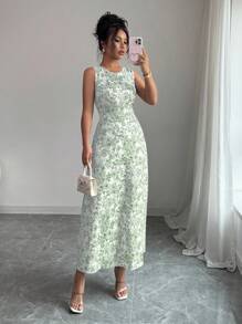 Selianne 优雅法式花卉印花修身无袖连衣裙，夏季 - 綠色 - 查看 1