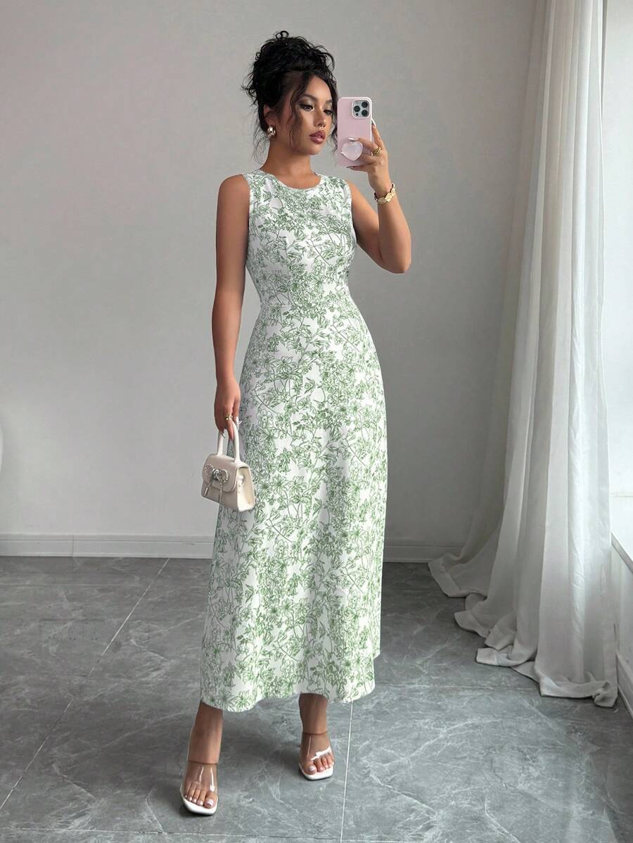 Selianne 优雅法式花卉印花修身无袖连衣裙，夏季 - 綠色 - 查看 1