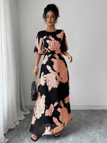 Modelyn Vestido maxi de chifón con volantes, manga acampanada, cuello redondo, ajustado y fluido para mujer, elegante para primavera/verano