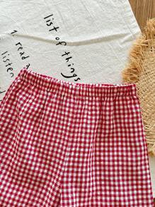 SHEIN LMoss Kids Summer Babygirl Cute Red & White Plaid Ruffle Trim Sleeveless Top And Elastic Waist Loose Wide Leg Pants Set - Red and White - View 6