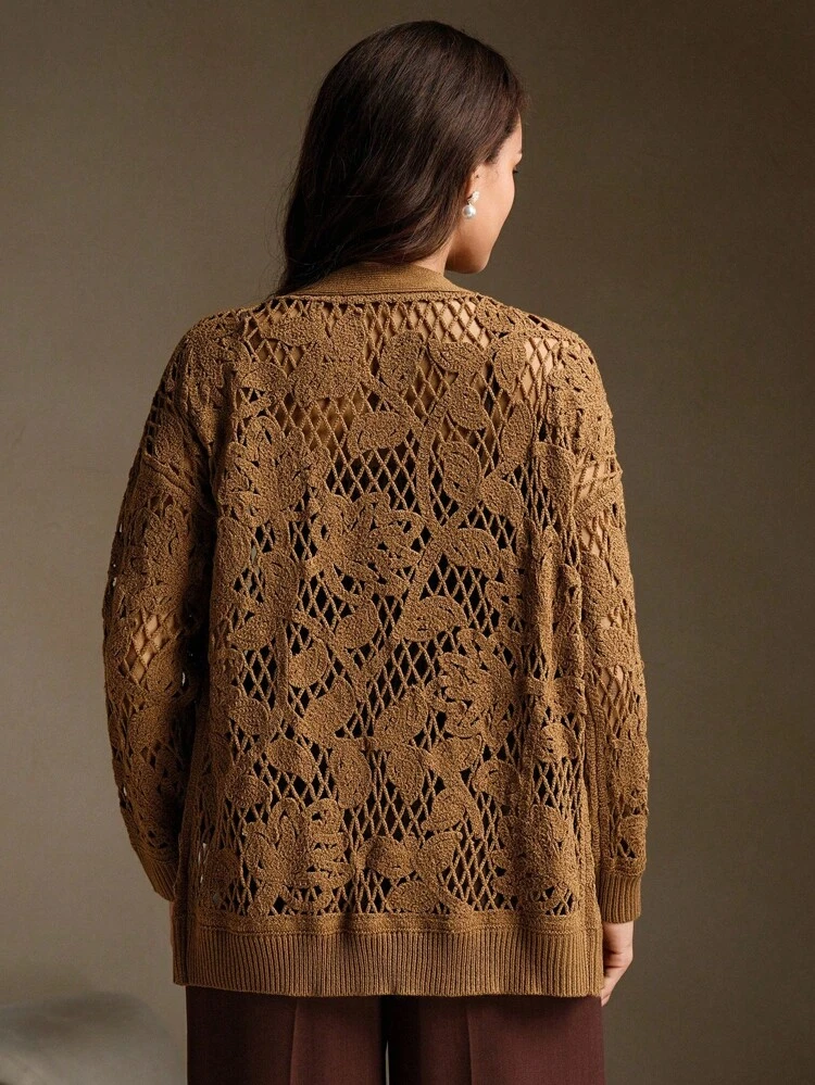 Mid-Length Loose Open Front Crochet Hollow Flower Design Cover Up