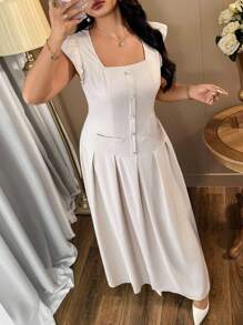 SHEIN Clasi Plus Size Women Elegant Apricot Cap Sleeve Pearl Button Long Dress - Apricot - View 5