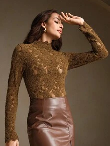 Anewsta 1 件女士纯色优雅长袖镂空弹力 T 恤 - 棕色 - 查看 5