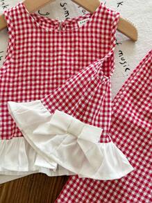 SHEIN LMoss Kids Summer Babygirl Cute Red & White Plaid Ruffle Trim Sleeveless Top And Elastic Waist Loose Wide Leg Pants Set - Red and White - View 3