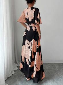 Modelyn Vestido maxi de chifón con volantes, manga acampanada, cuello redondo, ajustado y fluido para mujer, elegante para primavera/verano