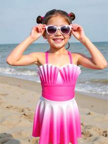 Young Girl' Cute Ombre Shell Print Bikini Top - Pink - View 3