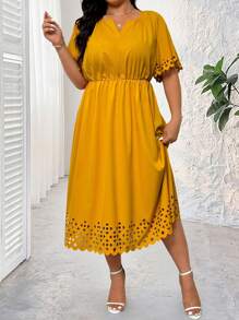 EMERY ROSE Váy chữ A tay ngắn khoét rỗng cỡ lớn thường ngày, màu trơn, mùa hè - Màu vàng - Xem 5