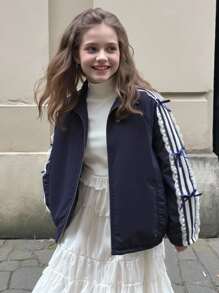 Tween Girls Fashion Sweet Side Ribbon Bow Long Sleeve Zip-Up Jacket, Suitable For Spring/Autumn Fall Winter